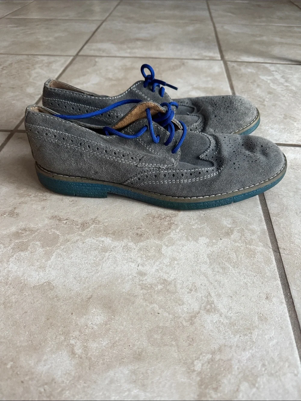 Men's Gray Suede Wingtip Oxfords with Blue Laces